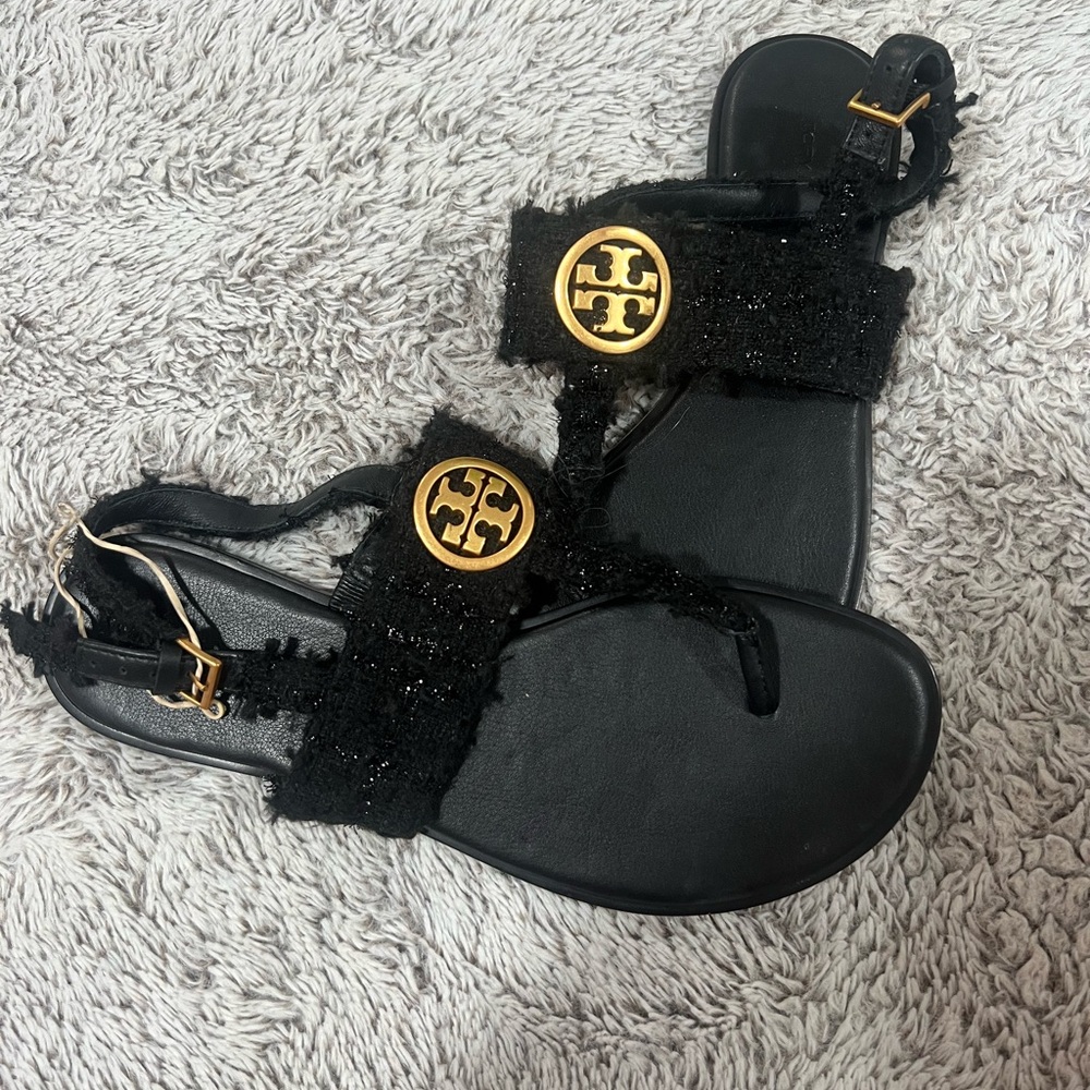 Tory Burch Black Sandals with Gold Emblem